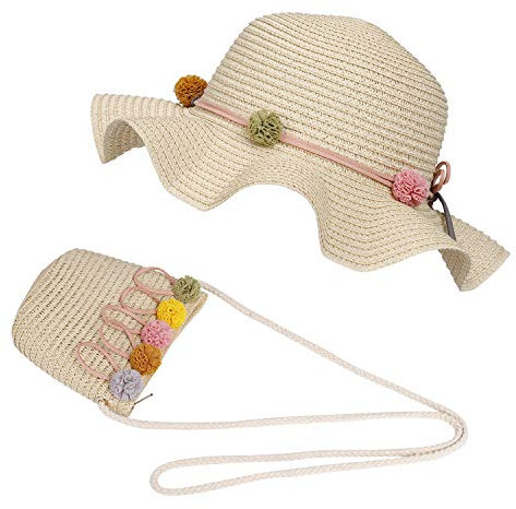 FT-SHOP Strohhut und Kleine Tasche Set Mädchen Kinder Sommer Sonnenhut mit Blumendekoration für den Urlaub Reise Outdoor-Aktivitäten