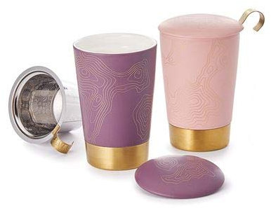 Teaeve® Kräuterteetasse Precious Porzellan, 3-teilig, 2-fach sortiert doppelwandig, mit gold. Edelstahlfuß, 0,35 l