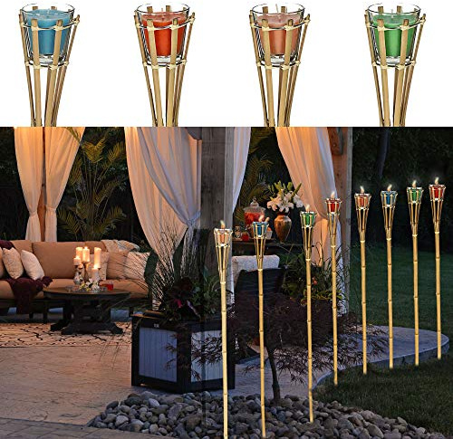 Gartenfackel Bambus Citronella | Zitronenduft H 120 cm Glas Wachs farbig | Duftkerze im Glas Fackel (1 x 4er Set Gartenfackel)