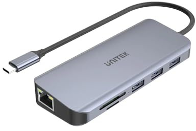 UNITEK Hub USB-C mit 3* USB-A 3.1 Port, 4K HDMI, FullHD VGA, RJ45 Gigabit Ethernet Port und SD und microSD Kartenleser, Power Delivery 100 W, Plug&Play/Aluminium