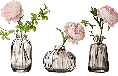 3er-Set Kleine Vasen für Tischdeko Dekorativ Glasvasen Blumenvase Set Bud Vase Grau