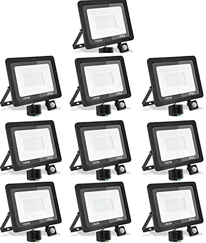 treoir LED Strahler Außen mit Bewegungsmelder 100W, Superhell 10000LM Led Außenstrahler 3500K LED Fluter Flutlicht, IP66 Wasserdicht LED Scheinwerfer für Garten,Garage,Hof(Warmweiß-10pcs,100W)