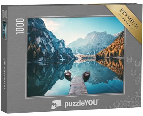puzzleYOU: Puzzle 1000 Teile „Boote auf dem Pragser Wildsee in den Dolomiten, Südtirol, Italien“ – aus der Puzzle-Kollektion Seen, Alpen, Europa, Bergseen, Regionen, Südtirol, Dolomiten, Flüsse & Seen