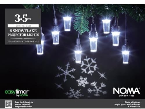 NOMA Snowflake Pattern Projector Christmas String Lights, 8 Warm White Projector Bulbs, 14 m