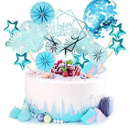 DKBT Happy Birthday Tortendeko Geburtstag Dekoration 13 STK Kuchendeko Geburtstagstorte Cake Topper Geburtstag Konfetti Luftballon Feuerwerk Papierfächer für Geburtstagsfeier Dekoration (Blau)