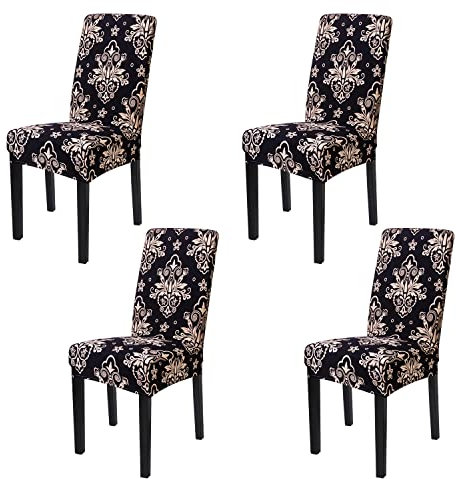 mafudoxi Stuhlhussen 4er Set, Stretch Abnehmbare Waschbar Stuhlbezug, Stretch Stuhlhusse mit Gummiband, für Hotel, Bankett, Restaurant, Haus, Party, Hochzeit(Black-Flowers, 4Stück)