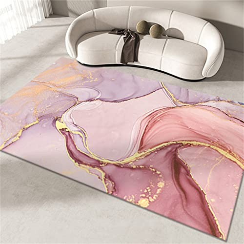 Teppich mit Marmor Muster Wohnzimmer Geometrisch Roségold Ölgemälde Moderne Wohnkultur Flanell Rug Couchtisch Schlafzimmer Nachttisch Matte Großer Teppich Rutschfest Waschbar (Rosa,140x200 cm)