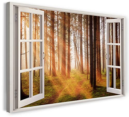 Printistico Bilder Fensterblick 120x80cm Baumwoll-Leinwand auf Keilrahmen mit Aufhänger moderner Kunstdruck XXL Wandbilder Wand-Dekoration Sonnenstrahlen Wald Natur Wandern - Natur-Fotografie