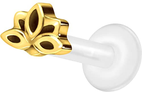 PIERCINGLINE PTFE Labret mit Gewinde Titan Aufsatz LOTUSBLÜTE Piercing Lippe Nase Ohr Helix Tragus Medusa Goldfarben 1,2 x 6 mm