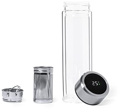 Termo con infusor y doble pared en cristal de borosilicato - Termo con colador y aislante para el frio y calor - medidor de temperatura táctil - Botella para tés, cafés o bebidas
