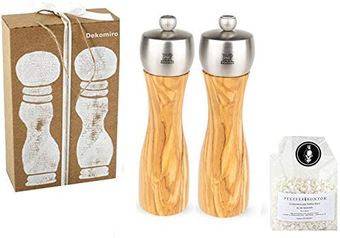 Dekomiro Set Salzmühle und Pfeffermühle Peugeot Fidji 20 cm Olivenholz Geschenkset mit 100 gr. Salz