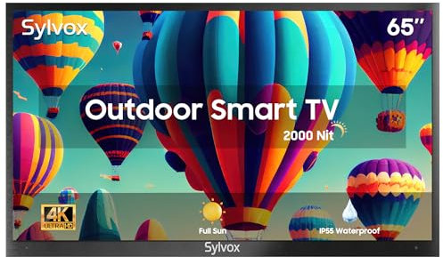 SYLVOX 65 Zoll Outdoor Fernseher - 4K UHD Smart Android TV, 2000nit, IP55 wasserdicht, sonnenlichtlesbar - Mit Voice Assistant & Bildschirmspiegelung - Ideal für Poolbereich, Garten, Terrasse