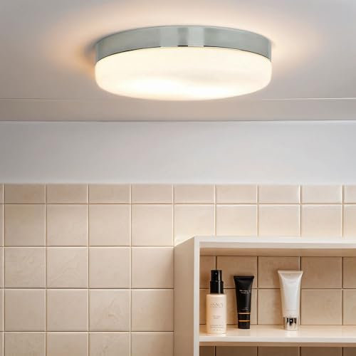 Licht-Erlebnisse Deckenleuchte aus Metall & Glas in Chrom D:32cm E27 wechselbar für Bad Badezimmer Küche Flur minimalistisch Deckenlampe Innen