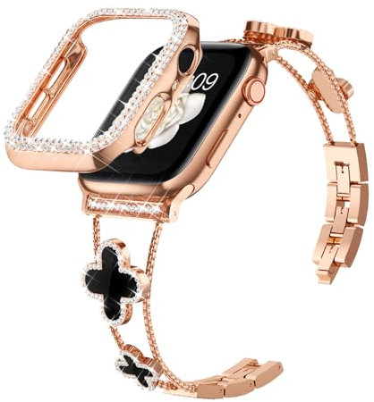 Das Diamant-Metallband verleiht Ihrer Uhr Glanz. Kompatibel mit Apple Watch Armband und Gehäuse der Serie 8/7/SE/6/5/4/3/2/1. Kleeblatt ist einfach und stilvoll. Geeignet für Damengrößen 41 mm, 45 mm,