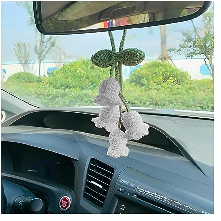 JNNJ Autospiegel Anhänger, Gehäkelte Glockenblumen Anhänger, Auto Spiegel Hanging Charms Zubehör Blume Hand Gestrickt Auto Dekor Für Männer- Und Damenzubehör(Weiß)