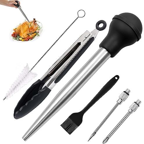 WOVTE Seringue Alimentaire Poire à jus, Produits d'assaisonnement seringue Poire à Sauce en Acier Inoxydable 304, Cuisine Accessoires ustensiles de Cuisine INOX Pipette, avec Clips Alimentaires