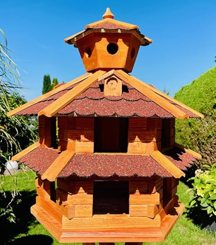 DARLUX Vogelvilla wetterfest von L bis XXL Futterhaus Vogelhaus mit oder ohne Ständer in Braun mit Rot, Grün oder Blau für Garten und Balkon (Größe XXL ohne Ständer, Rot - Braun)