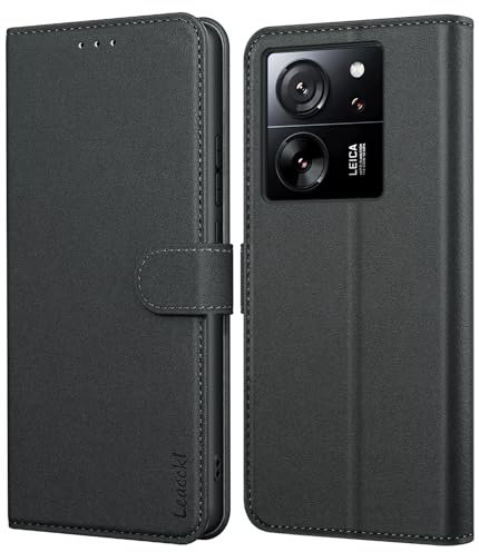 Leacckl Funda para Xiaomi 13T/ 13T Pro, Funda Tipo Cartera de Piel, Funda Abatible con Tarjetero y Hebilla Magnética, Funda de Piel Tipo Libro para Xiaomi 13T/ 13T Pro, Negro