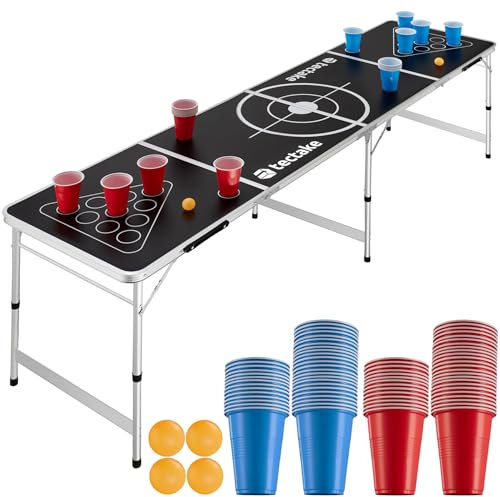 TecTake® Mesa de Beer Pong Plegable con Asas, Set de Juego para Beber con Vasos, Pelotas, Regalos para Hombre Joven, Juegos de Mesa Adulto, Hecho de Aluminio, Portavasos de Goma, Juego de Chupitos