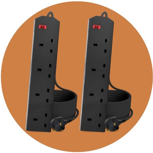 Roe Tenpo 4 Gang 2 Metre Extension Lead UK Pin Plug And Cable | 250v Power Adapter Multi Plug Extension Socket Strip For Home And Office | Wall Mountable Extension Cable (Black - 2 Pack)