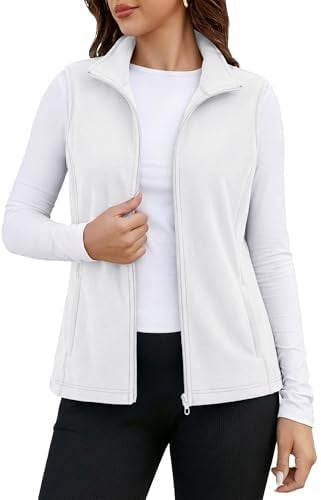 MAGCOMSEN Ladies Fleece Vest Lightweight for Women Classic-Fit Sleeveless Jacket with Zipper Pockets White M