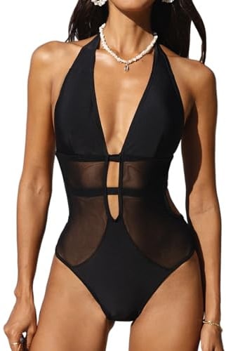 CUPSHE Damen Badeanzug Tiefer V Ausschnitt Neckholder Netzeinsatz Rückenfrei Riemchen Einteilige Bademode Swimsuit Schwarz XL