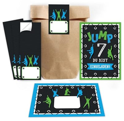 Minkocards 12 Einladungskarten zum 7. Kindergeburtstag Junge Mädchen Jump Trampolin Einladungen siebte Geburtstag incl. 12 Umschläge, 12 Partytüten/natur, 12 Aufkleber