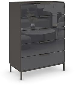 Rauch Möbel Flipp, Hochkommode mit viel Stauraum für Flur, Wohnzimmer, Schlafzimmer, mit Metallkufe Graphit, Graphit/Glasfront Basalt, Schwarz, 5 Schubladen, Griffe Graphit, 80x111x42cm