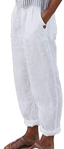Leinenhose Damen Sommer Freizeit Hose Lang Locker Sommerhose Casual Einfarbig Baumwolle Gerades Bein Bequeme Stoffhose Leicht und Luftig Strandhose mit Kordelzug und Taschen Marlenehose