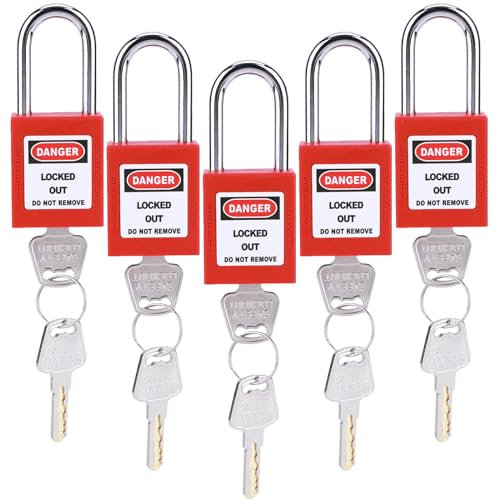 ALLOMN Candado de bloqueo de seguridad, 5 cerraduras rojas de 38 mm, 2 llaves cada una, alta seguridad industrial, resistente a la corrosión, aislado para fabricación de maquinaria, interruptores de