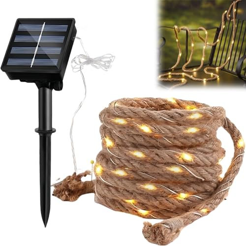 BYZESTY Solar Lichterkette Seil, 7M Warmweiß Lichterkette Aussen, Gartenleuchte mit 100 LEDs, IP65 Baumwollseil Solarlichterkette, Solar Rope Lights für Garten Balkon Terrasse Weihnachten Party
