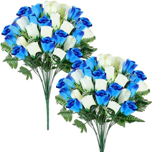 XunYee 2 Blumensträuße Künstliche Friedhofsblumen, 48 Köpfe, künstlicher Rosenstrauß, gefälschte Gedenkblumen für Grabseide, Kunstrosen, Arrangements für Grabsteine, Grabstein (weiß und dunkelblau)