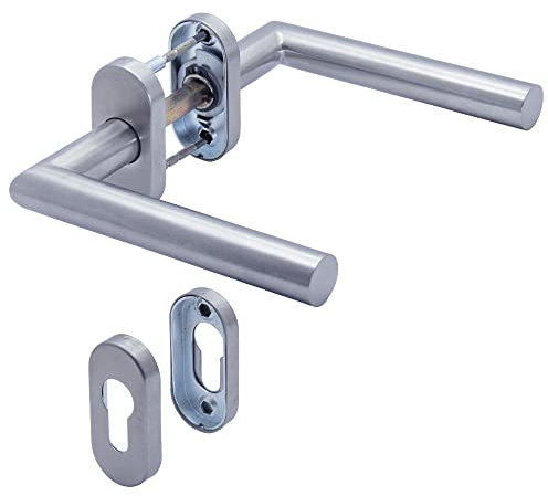APECS Poignées de porte ovales - En acier inoxydable - Pour porte d'entrée et portes intérieures - Avec rosace à clé - Cylindre profilé - Modèle L H-0904+PZ