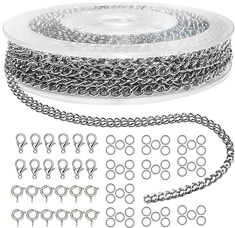 10M Gliederkette Meterware Silber Kette Rolle 3mm Dünne Edelstahlkette Schmuckherstellungsketten mit 12 Stück Karabinerverschlüssen 12 Stück Federverschlüsse 50 Biegeringe Edelstahl Schmuck Zubehör