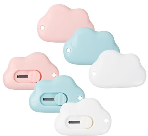 Dokeno 6 Pezzi Mini Taglierino Tascabile, Mini Coltello Multiuso Retrattile Coltello di Sicurezza Portatile Mini Cutter Universale Forma di Nuvola con Foro Catena Chiave per Ufficio Scolastico