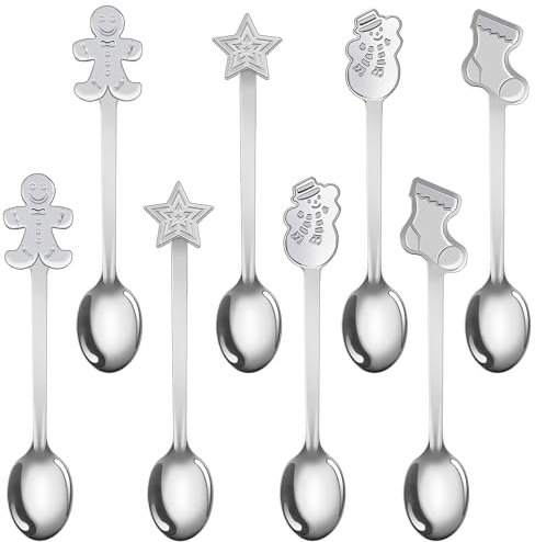 Aodaer 8 Pieces Christmas Stainless Steel Tea Spoons Christmas Tableware Spoons Set Snowman Star Gingerbread Man Stocking Spoons Christmas Gifts for Xmas Stocking Fillers Party and Home