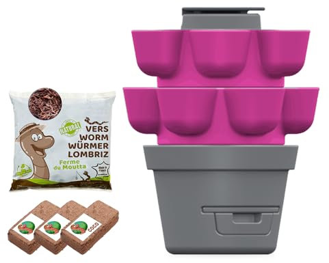 WORMgarden Fuchsia 2 Tier + 250 g Compost Worms | Vertical Vegetable Garden with Integrated Vermicomposter | Grow Your Fruits and Vegetables | Create Your Vegetable Garden and Recycle Your Waste
