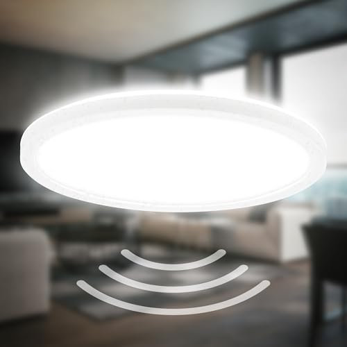 B.K.Licht - LED Deckenlampe mit Bewegungsmelder, flach, IP44 Spritzwasserschutz, Deckenleuchte, LED Panel, Badlampe, Badezimmerlampe, Küchenlampe, Feuchtraumleuchte, 29x3 cm, Weiß