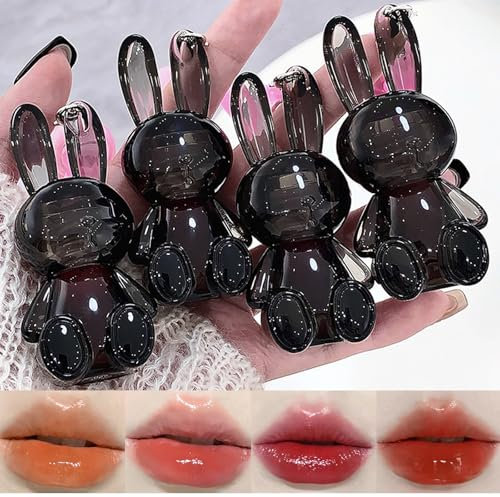 4 Farben Süße Kaninchen Lippen Glasur Gelee Lippenstift Set, Feuchtigkeitsspendender Hoher Glanz Flüssiger Lippenstift 2 in 1 Schlüsselanhänger Lipgloss Lippenstift, Aufpolsterndes Wasser Lipgloss
