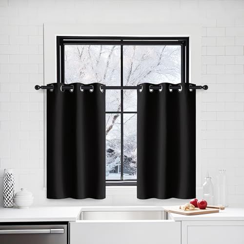 PONY DANCE Short Blackout Eyelet Curtains, Black, 2 Panels, W29 x L40 Inch | Thermal Curtains 40 Inch Drop for Caravan & Kitchen with Room Darkening, Privacy Protection & Noise Reduction