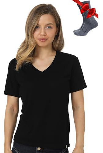 100% Merino Shirt Damen V-Ausschnitt - Merino Unterwäsche Damen - Sportshirt Wandershirt Schnell Trocknend, Atmungsaktiv, Anti Schweiss (XX-Large, Black V-Neck)