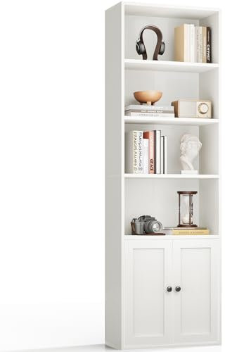 Coleshome Estantería Libros, Librería de 6 Niveles con Puertas y Armario, Estantería de Pie para Salón, Dormitorio, Oficina, Almacenamiento y Exhibición, Blanco, 48 x 24 x 176.4