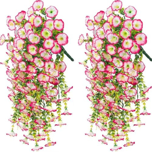 AQCQDQ 2 Stück Kunstblume Hängend Petunien Seidenblumen, Kunstblumen Petunienhänger Petunien Kunstpflanzen Blumen für Outdoor Heimdekoration Garten (E)