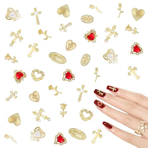 Gold Nail Charms, 80 Pcs Rose Hearts Virgin Mary Cross 3D Nail Art Charms Gems Golden Metal Nail Decorations Accessories for Manicure DIY Crafts (Gold)