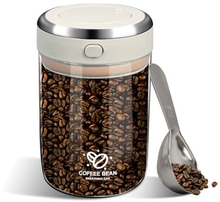BigKing Tarro hermético para café con tapa, conservable al vacío y registro de tiempo, con cuchara de acero inoxidable, recipiente hermético para café de granos de vidrio borosilicato (1100 ml)