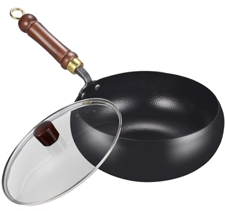 Padella in ferro giapponese, 24 cm, wok cinese in ferro con coperchio e manico in legno, padella antiaderente non rivestita per casa, esterni, ristorante, campeggio