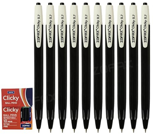 ZOFAX Clicky Retractable Ballpoint Pens, BLACK, Fine Point (0.7mm), Pack of 50, Smooth Ball Pens, Comfort Grip, Bulk Pack, Perfect for School Office Home Business Hospital Everyday Use