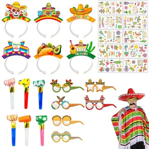 WUERKIYA Mexikaner Hut Party Set – 6x Breitrandhüte, 6x Partybrillen, 6x Trillerpfeifen 11 cm, 10x Party-Sticker, für Festlichkeiten, Karneval, und mehr