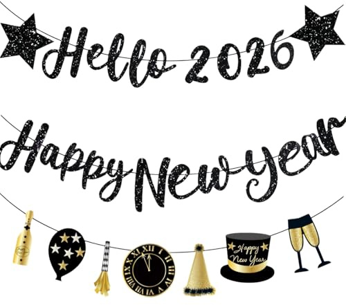 Happy New Year Girlande 2026,Silvester Deko 2026,Silber Neujahr Decoration,Eve Party Years Dekoration,Silvesterparty Sylvester Tischdeko,Banner FüR Girlande,Girlanden Neujahrsparty