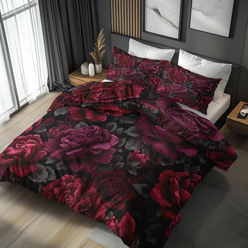 Generisch Bettwäsche 135x200 Rote Rosen Blumen, Weiche Bügelfreie Mikrofaser Bettbezug Set 2tlg, 3D Floral Muster Schlafzimmer Deko, 1 Kissenbezug 80x80, mit Reißverschluss EOG12
